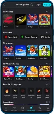 Screenshot of instant games of the Glassi Casino app