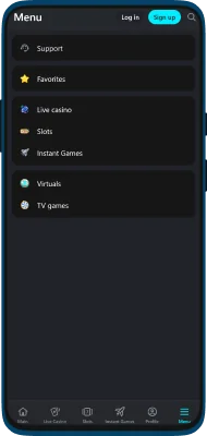 Screenshot of the Glassi Casino application menu