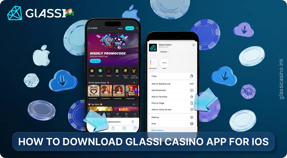 To install the Glassi Casino app on iOS, open the website in Safari and add it to the Home Screen