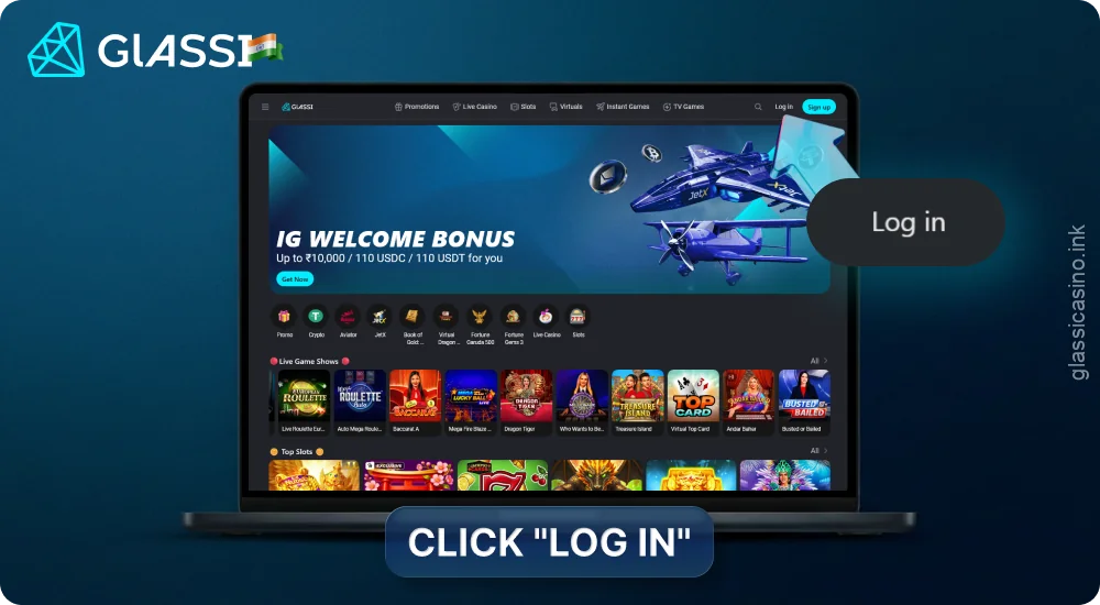 Go to the website and click the login button to log into your Glassi Casino account