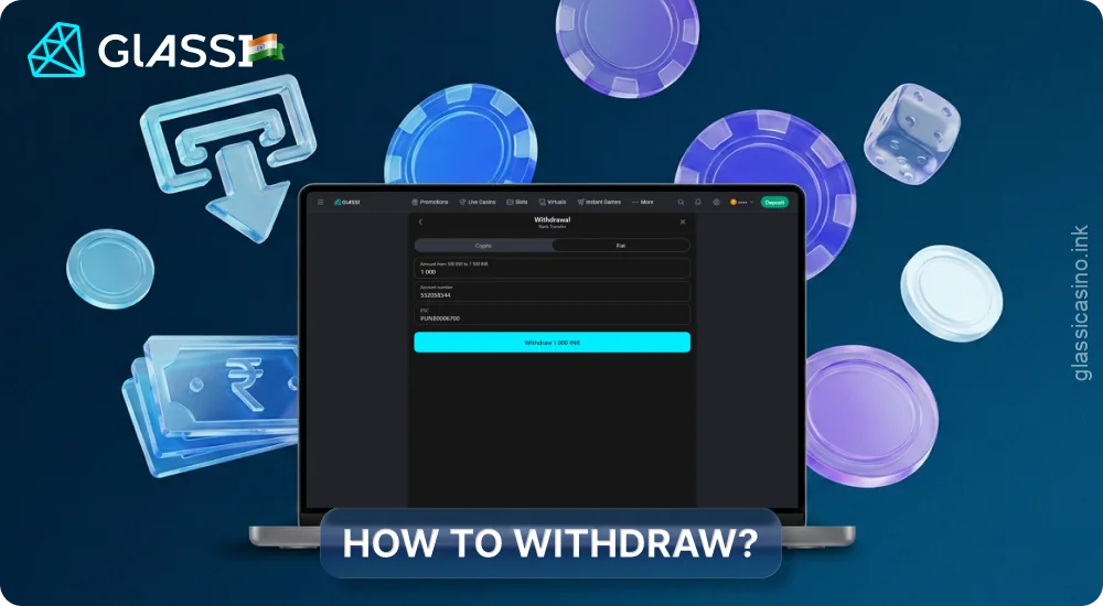 To withdraw funds from Glassi Casino, select a withdrawal method, enter the amount, and confirm the request